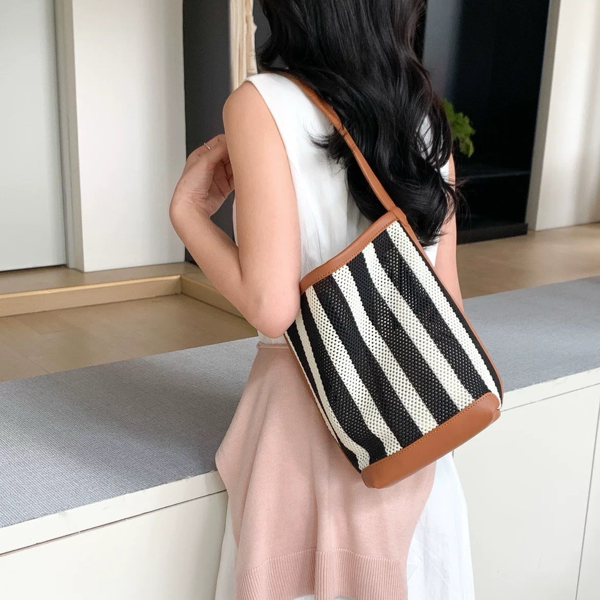 Stripe Woven Bucket Bag