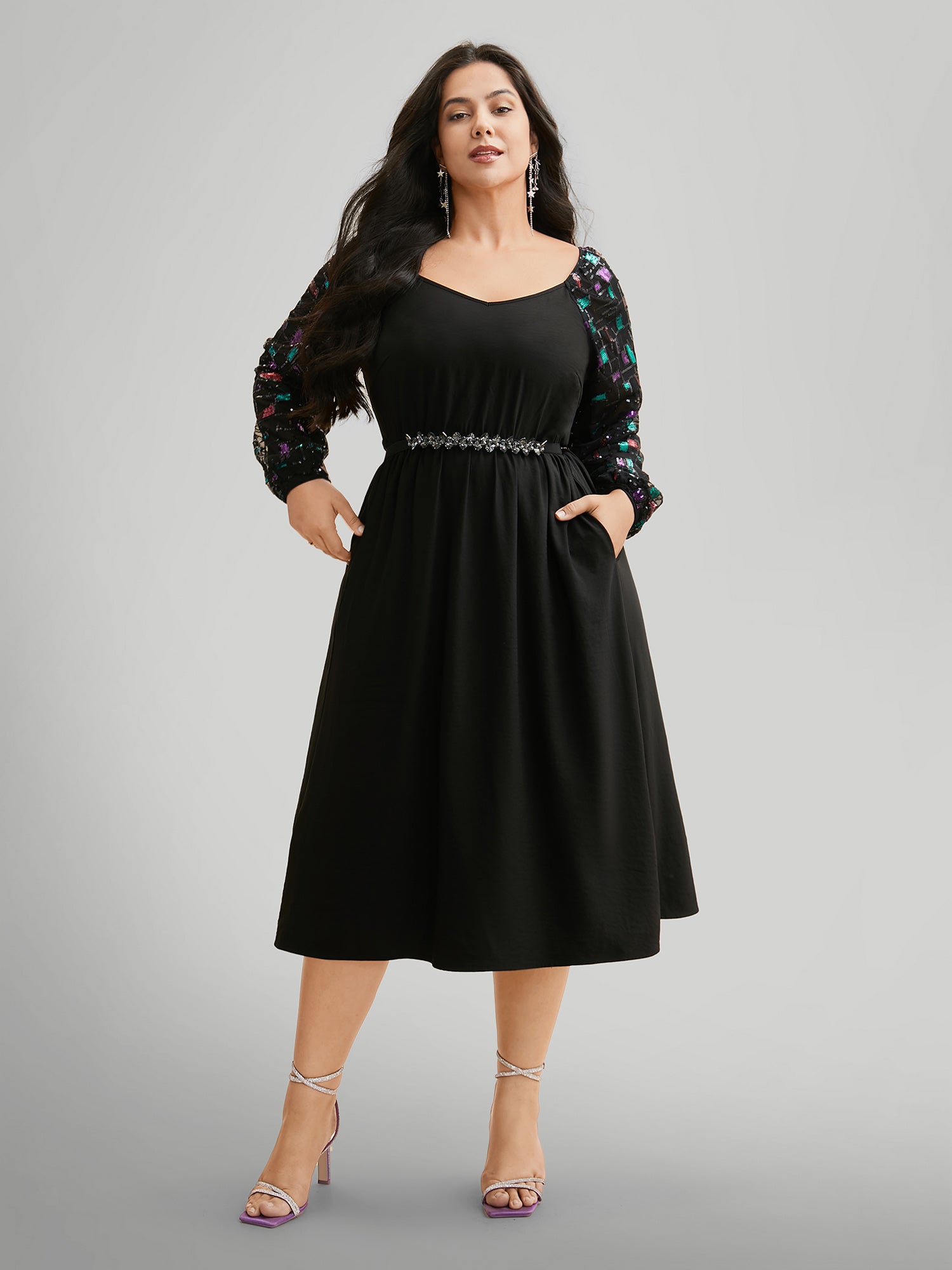 Heart Neckline Sequin Mesh Patchwork Dress