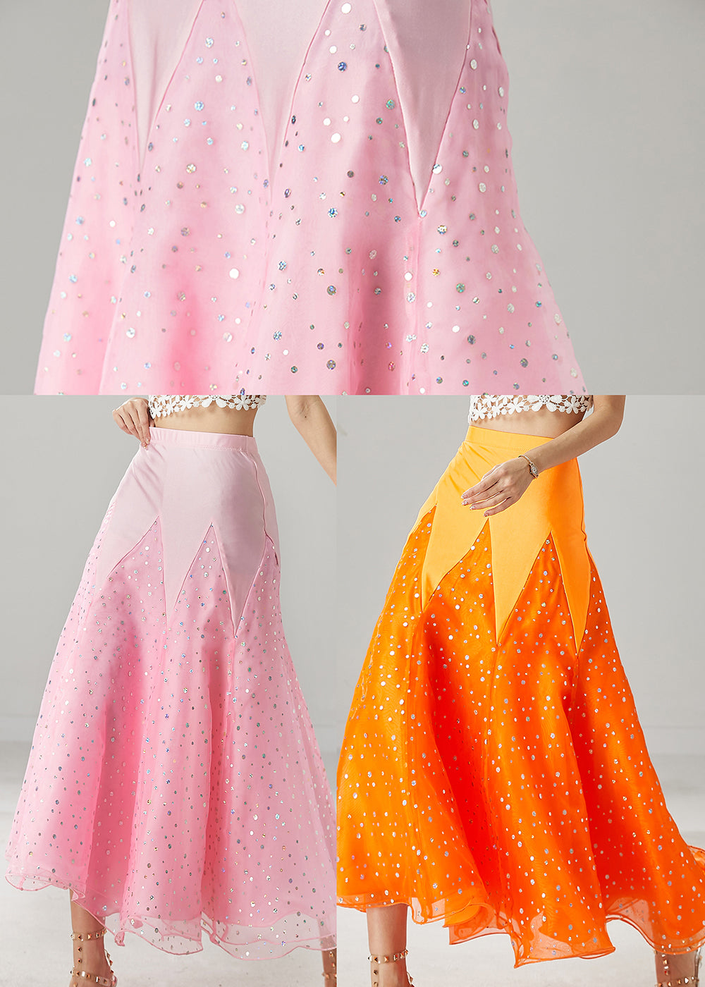 Orange Silm Fit Patchwork Zircon Tulle Skirts Spring