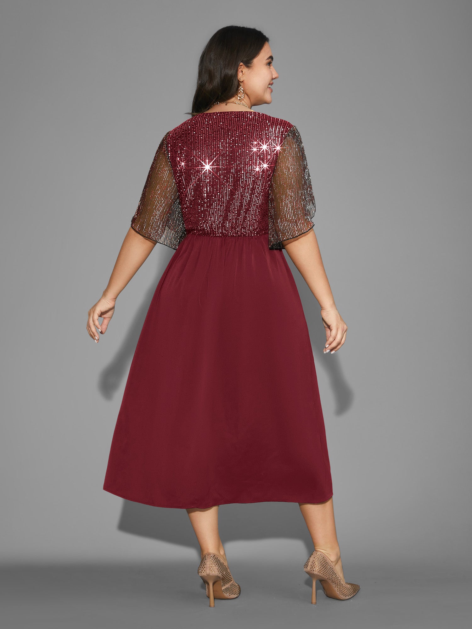 Sequin Mesh Petal Sleeve Midi Dress