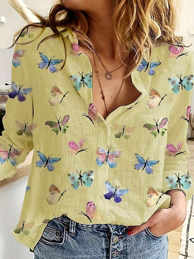 Women's Shirt Blouse Butterfly Print Daily Elegant Stylish Long Sleeve Shirt Collar White Spring Fall
