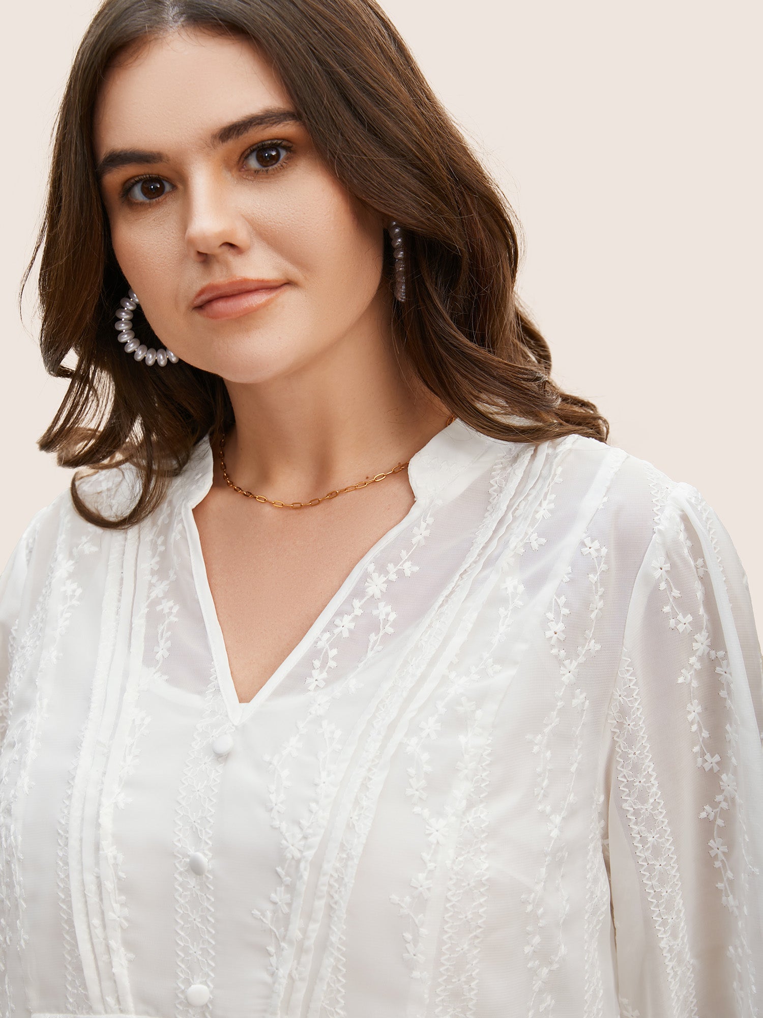 Texture Mesh Button Detail Tucked Seam Blouse