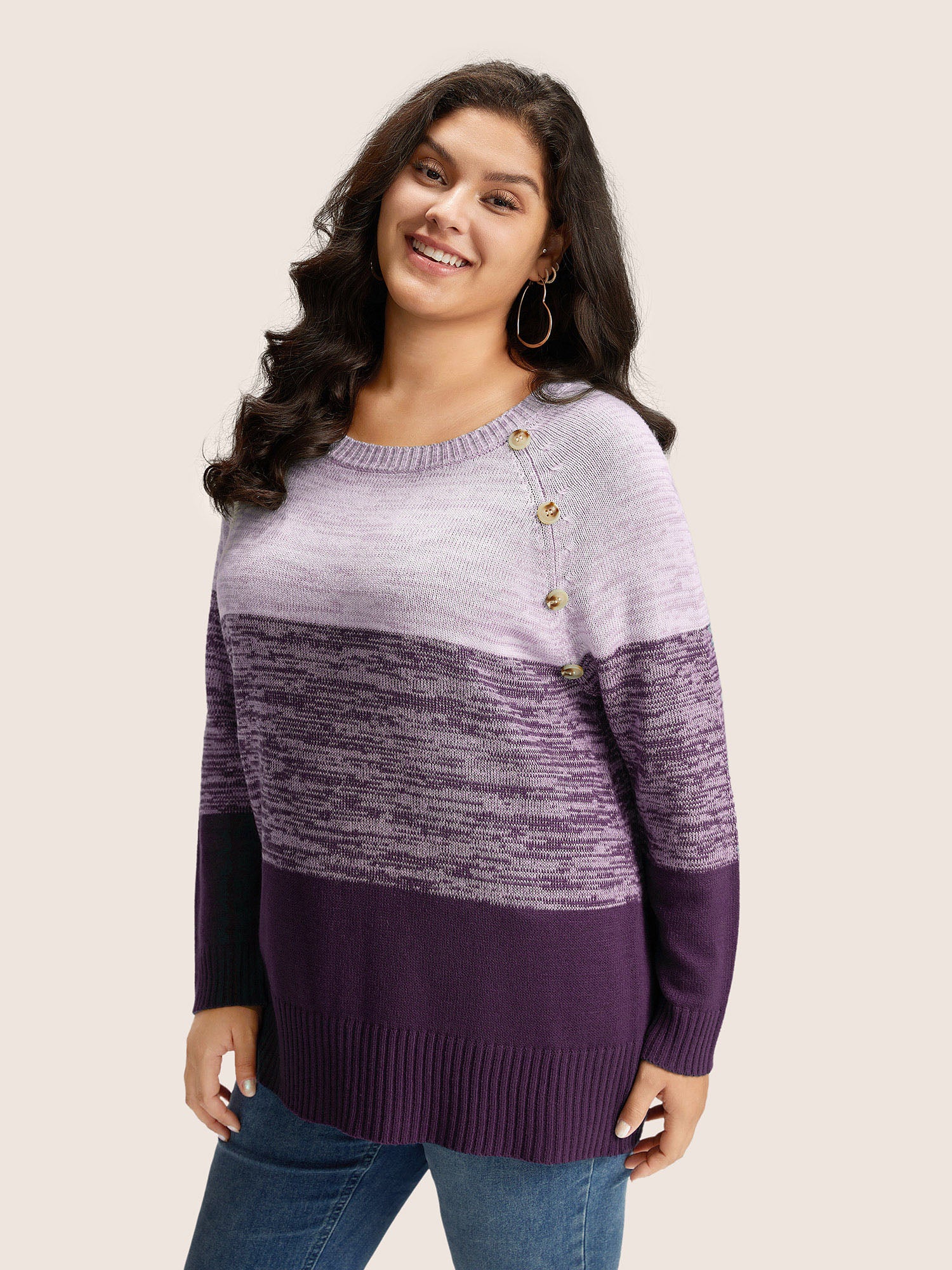 Colorblock Contrast Heather Button Detail Pullover