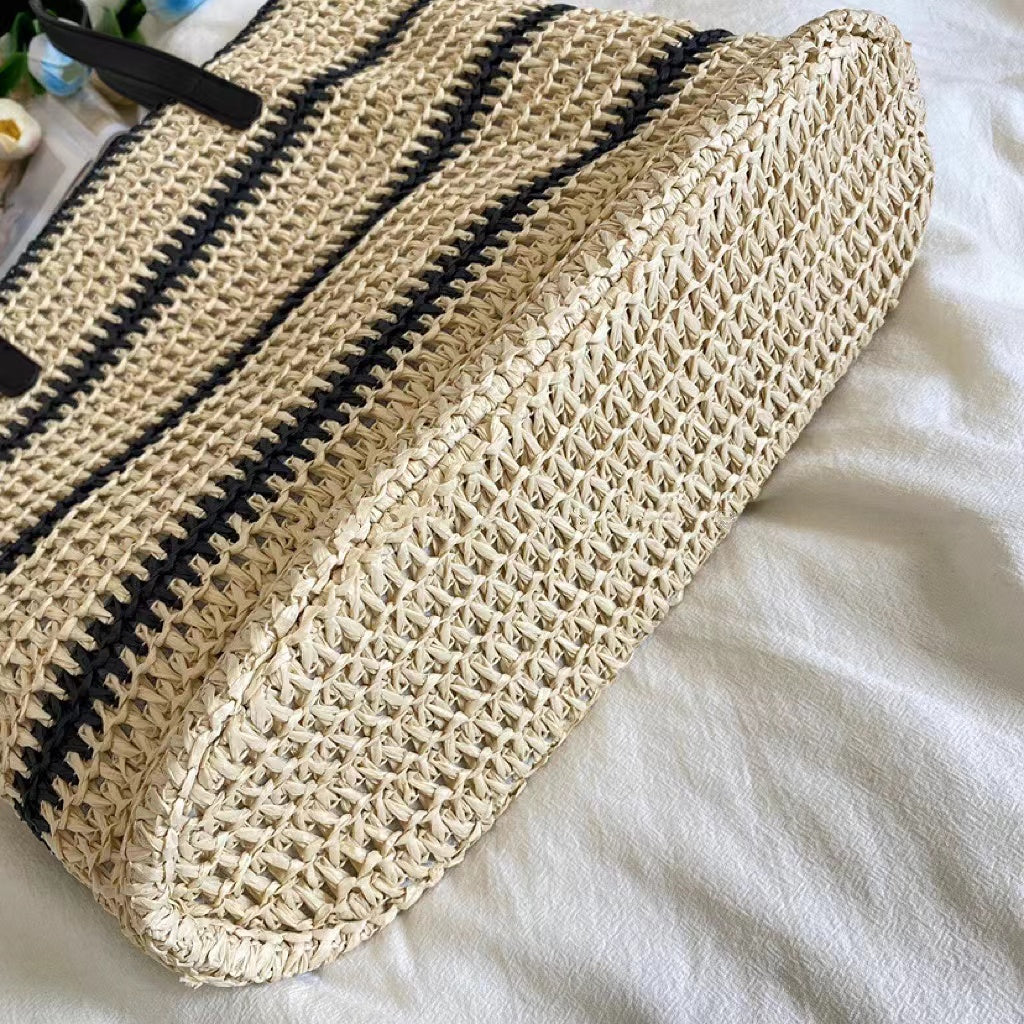 Woven Straw Tote Bag in Black Stripe