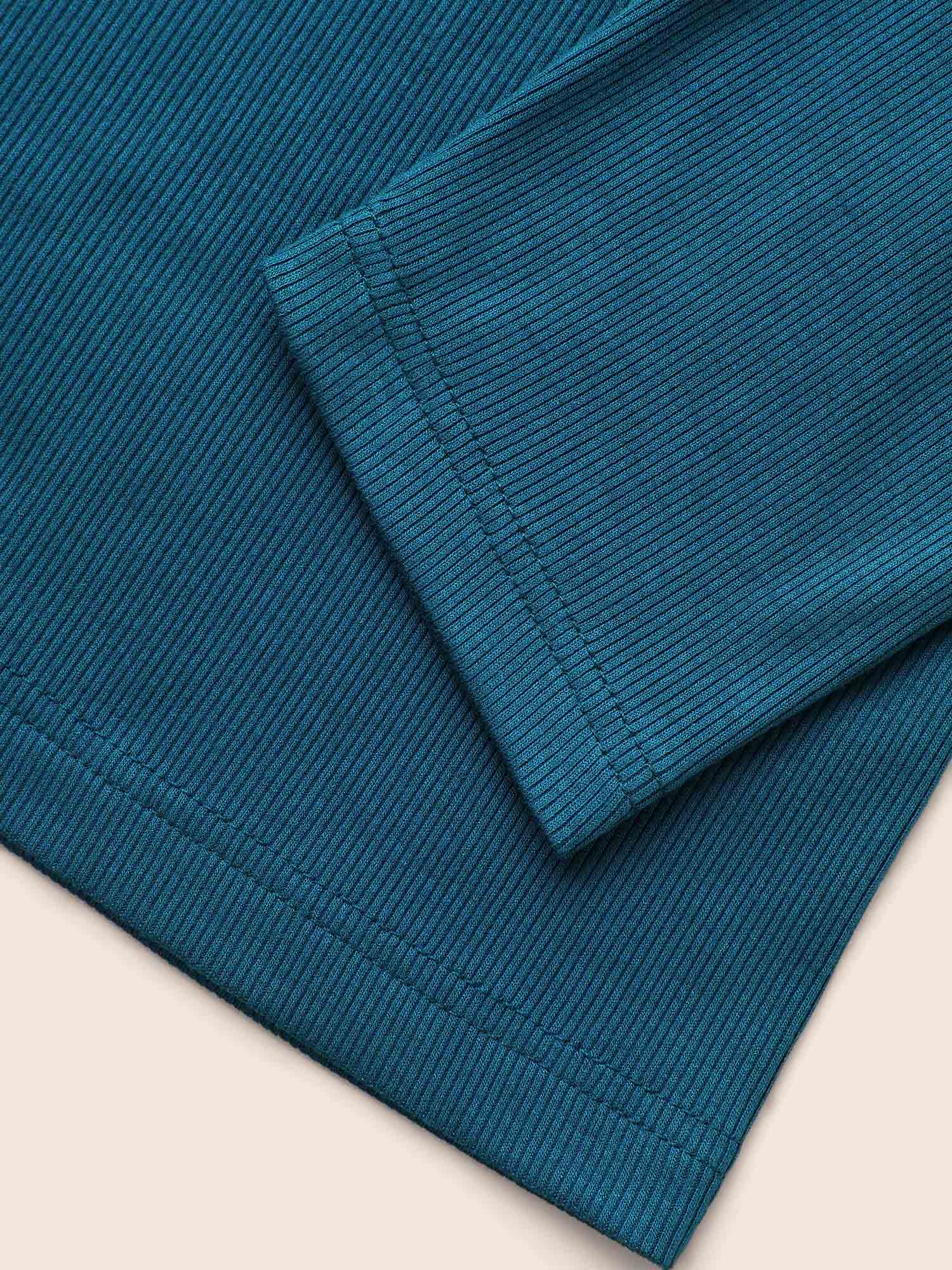 Solid Notched Collar Rib Knit T-shirt