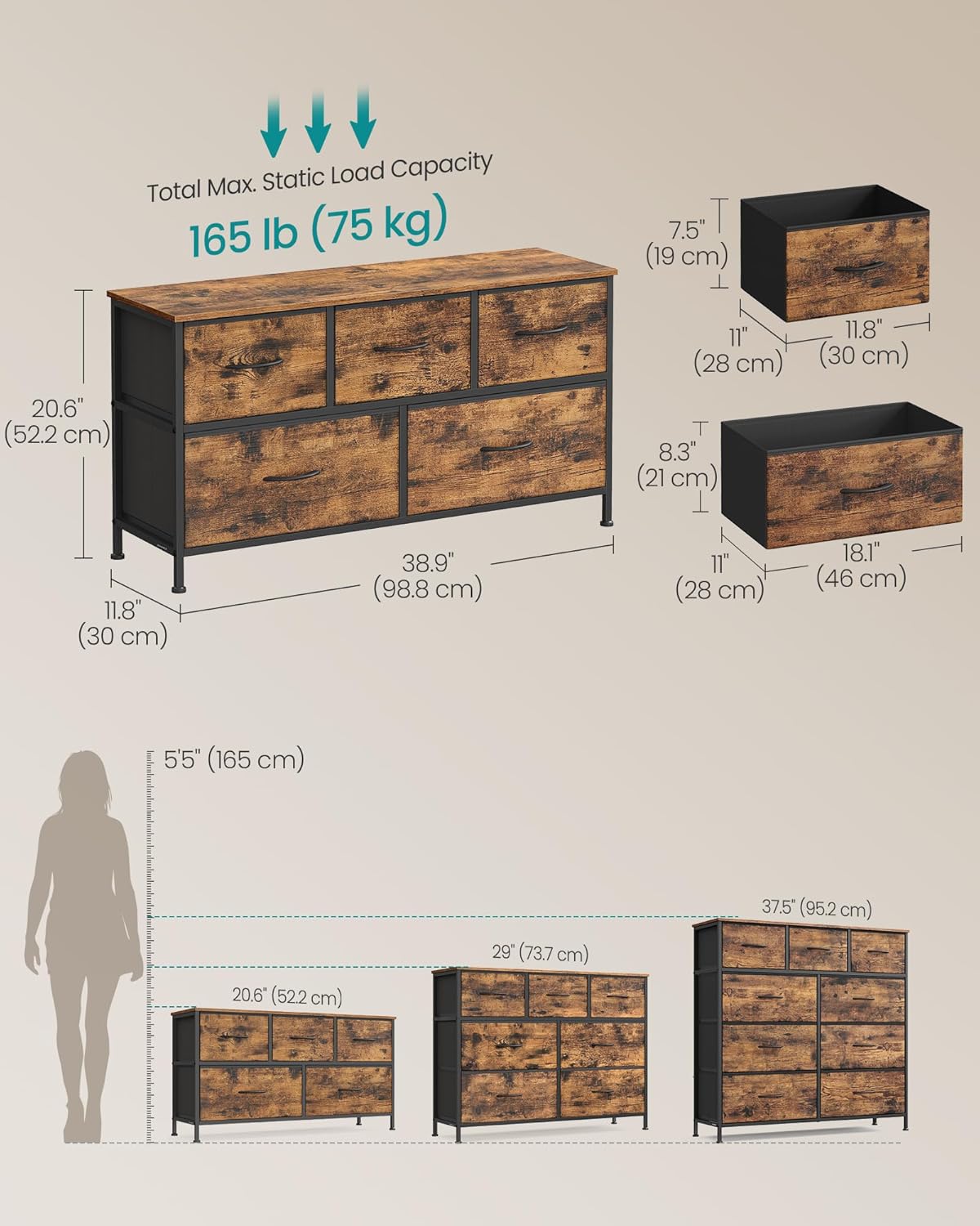 SONGMICS Dresser for Bedroom, Chest of Drawers, TV Stand, Steel, MDF, 5 Non-Woven Fabric Drawers, Storage Organizer Unit, Closet, Entryway, Cloud White and Snow White ULGS322W01S