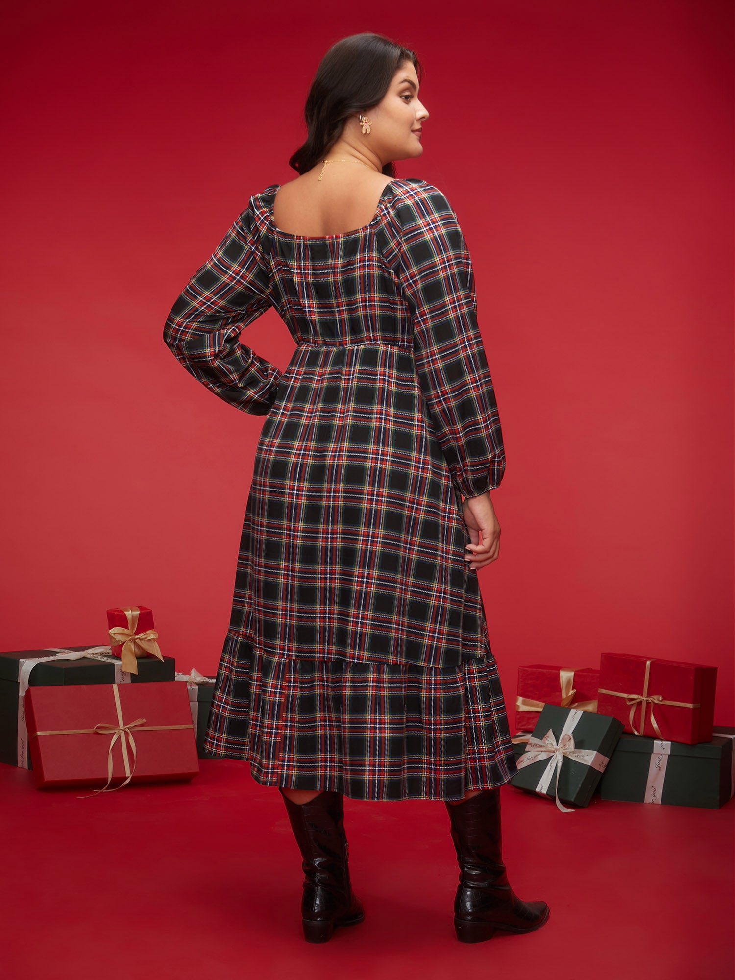 Plaid Square Neckline Puffy Sleeve Midi Dress