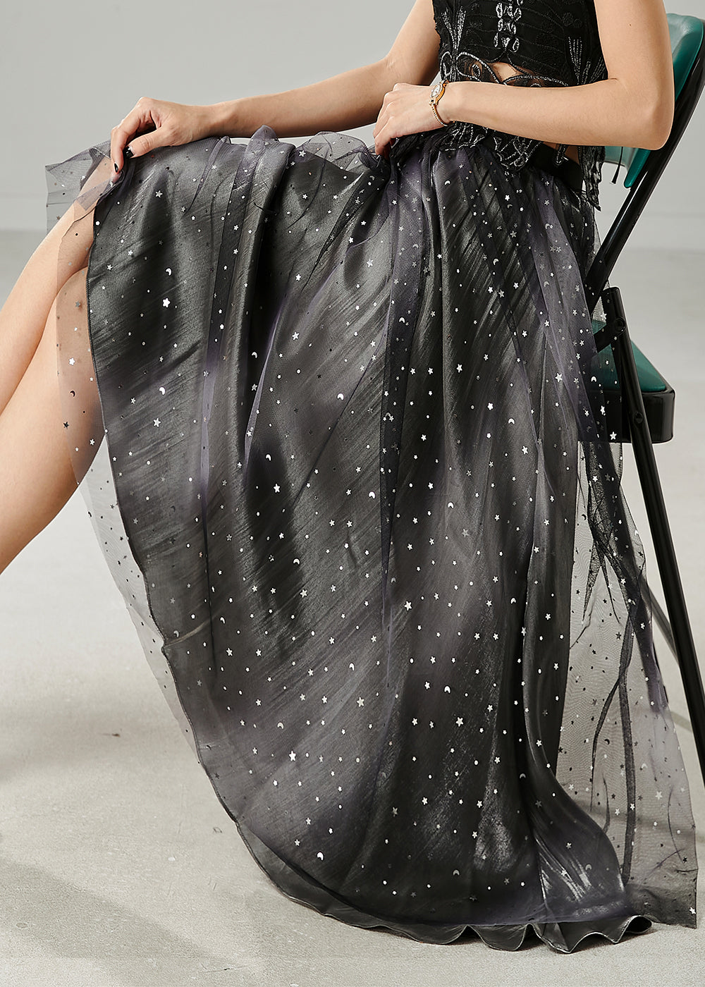 Organic Black Sequins Tulle Pleated Skirt Summer