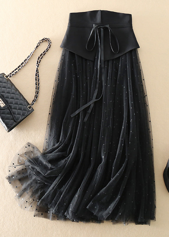 Black Cinched Dot Tulle Skirts Spring