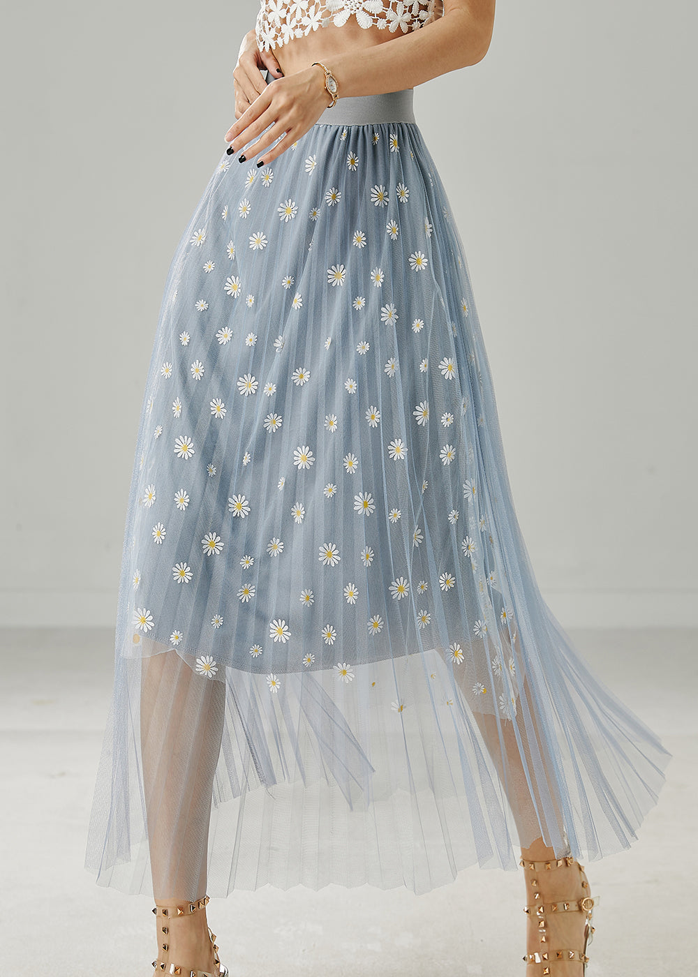 Boutique Blue Grey Chrysanthemum Embroidered Tulle Skirt Summer