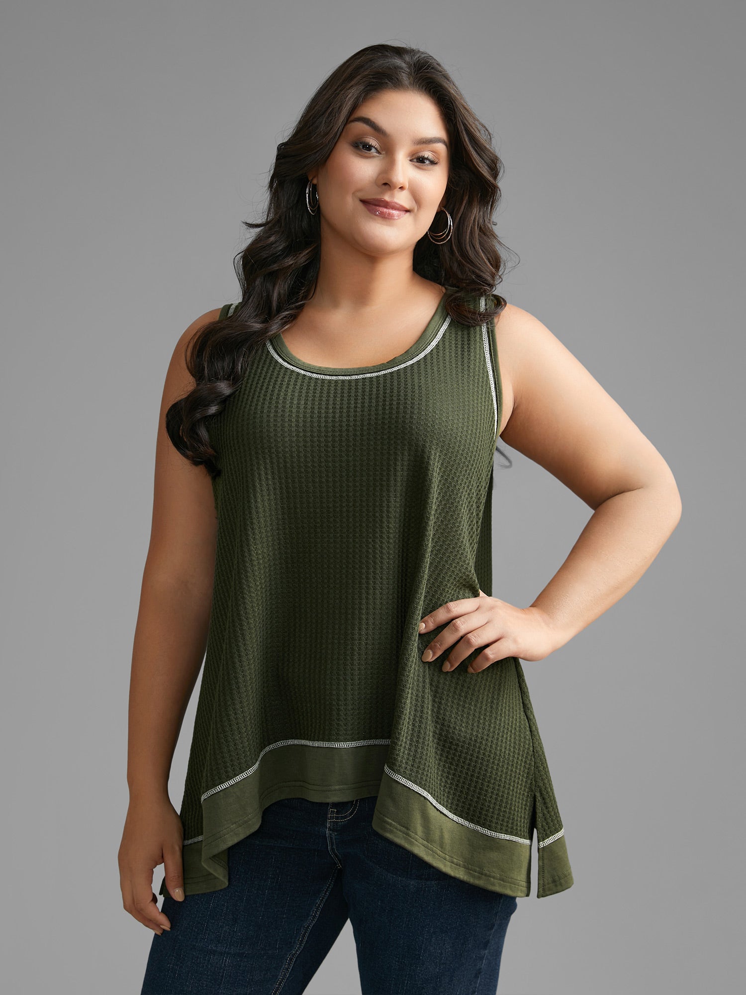 Waffle Knit Patchwork Topstitching Tank Top