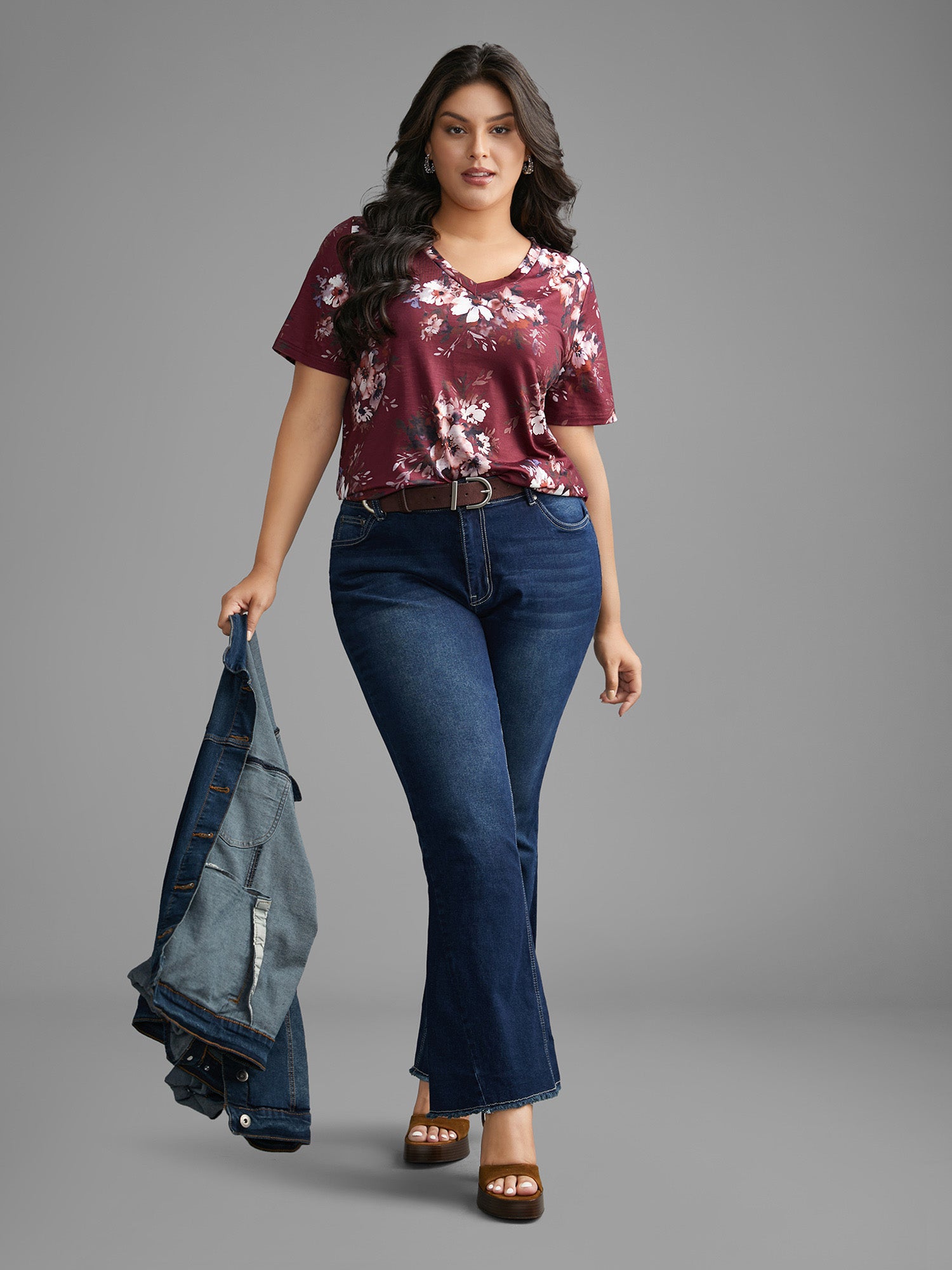 Floral Print V Neck Stretchy T-shirt