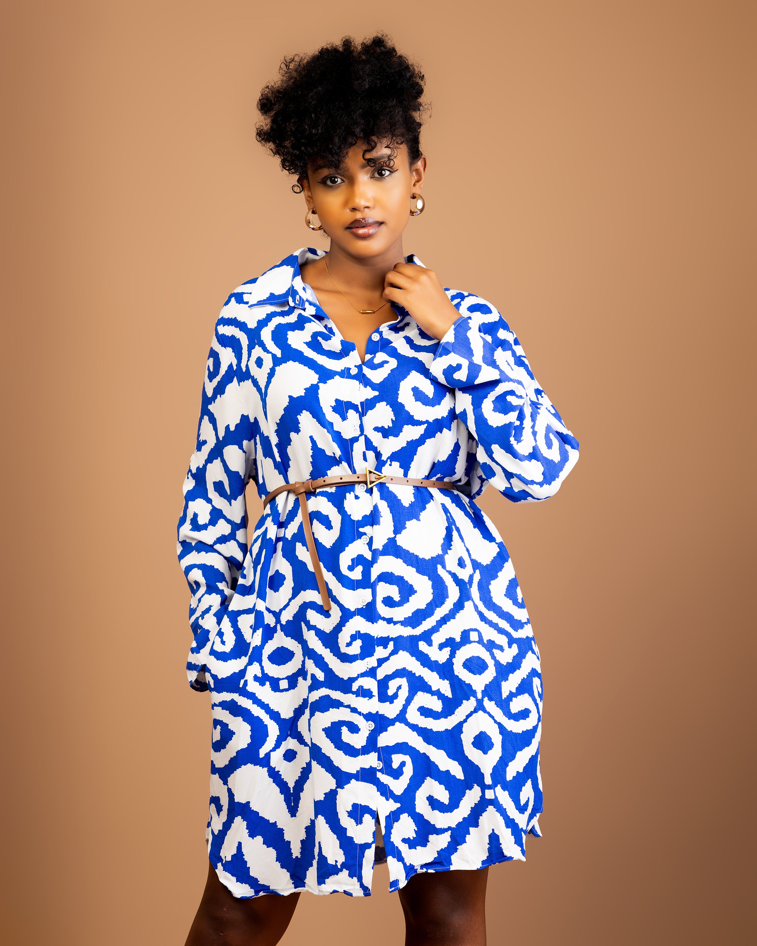 Blue Viscose Knee Length Shirtdress