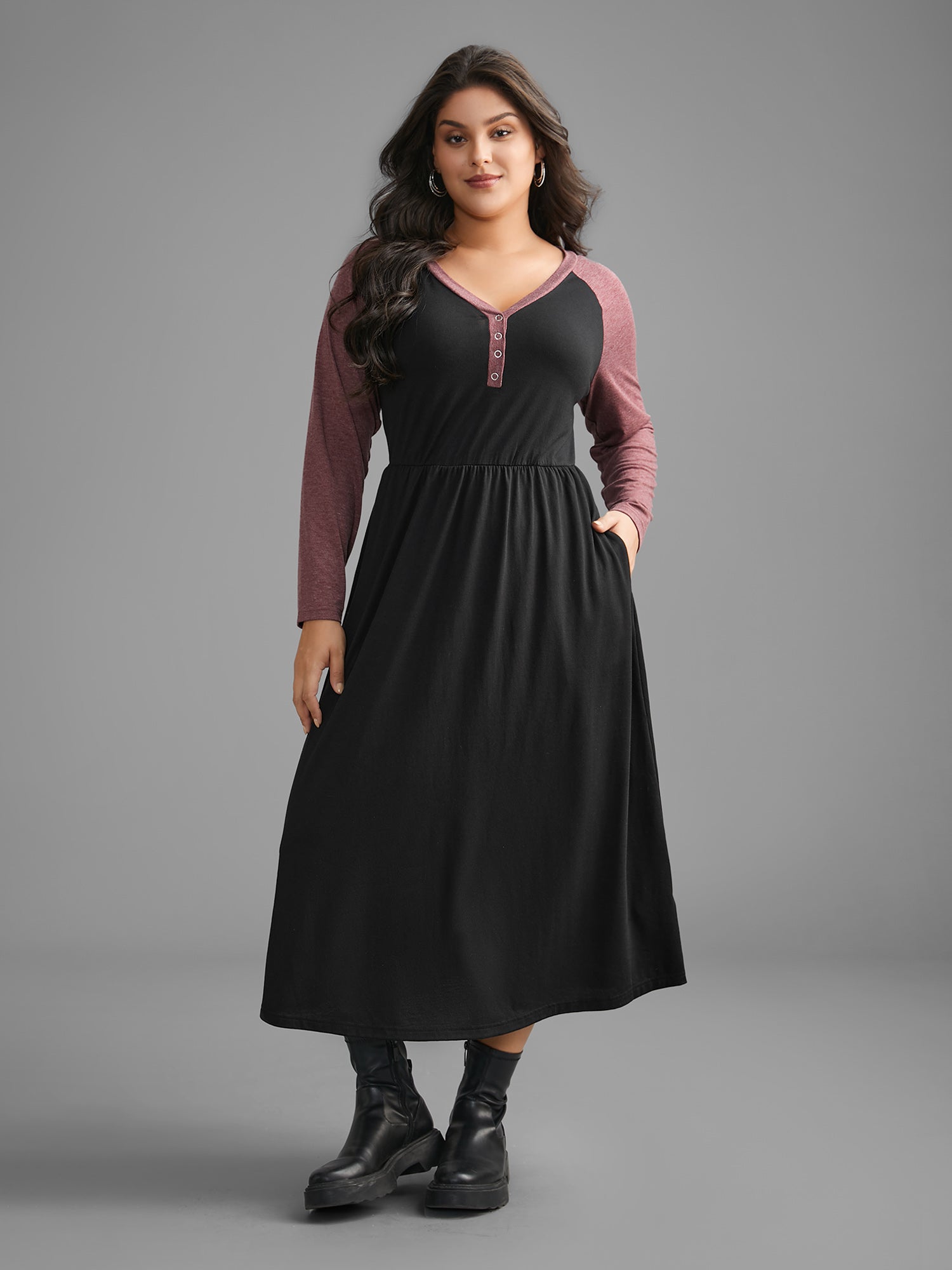 V Neck Heather Patchwork Knit Dress