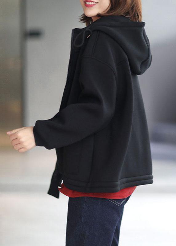 Organic Black Loose Zippered Pockets Fall Hoodie Coat Long Sleeve