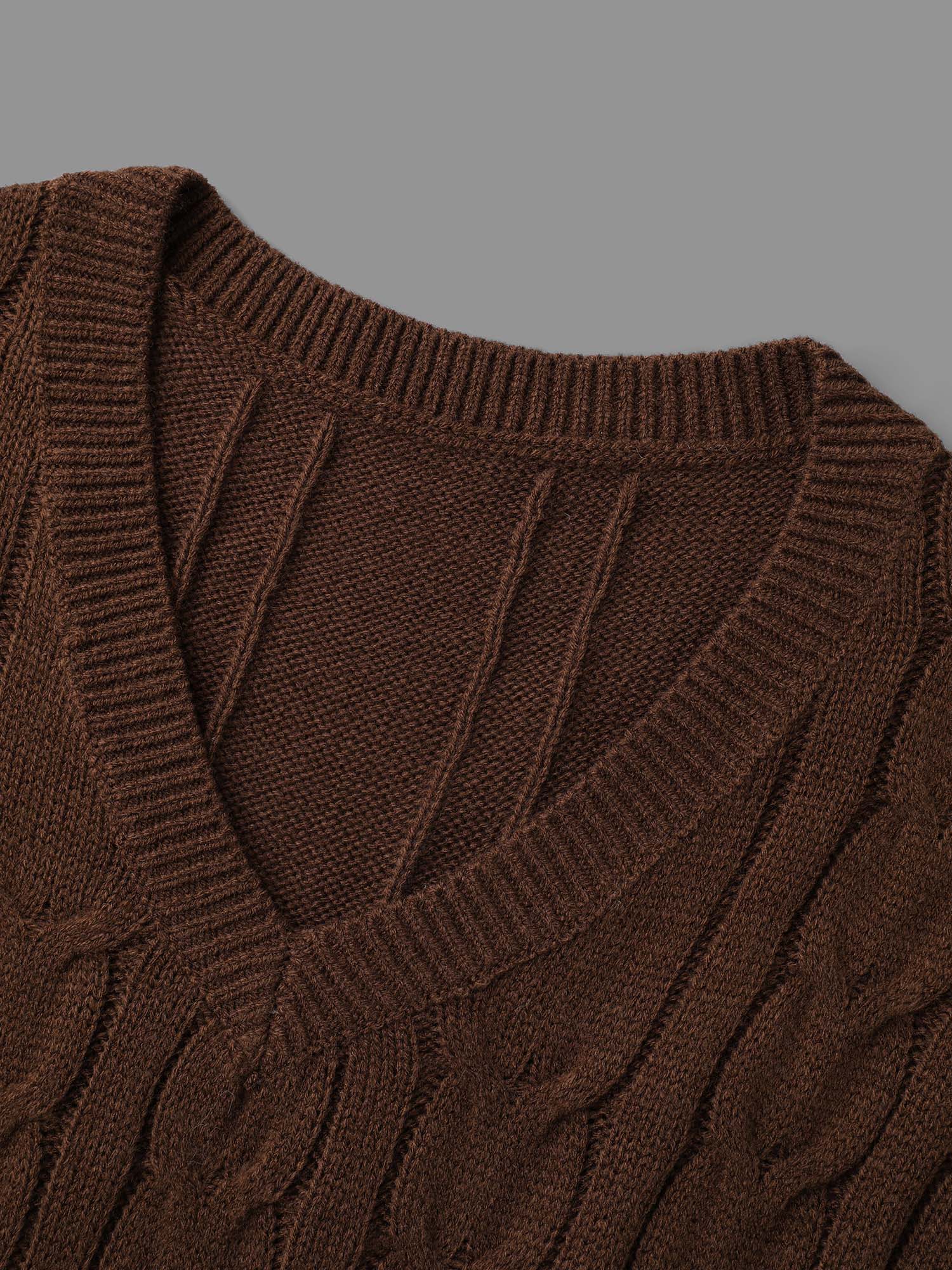 Textured Cable Knit V-Neck Midi Sweater Dress