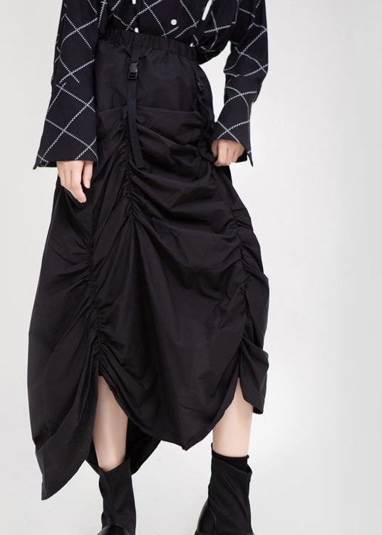 Black Elastic Waist Asymmetrical Design Wrinkled Fall Skirt