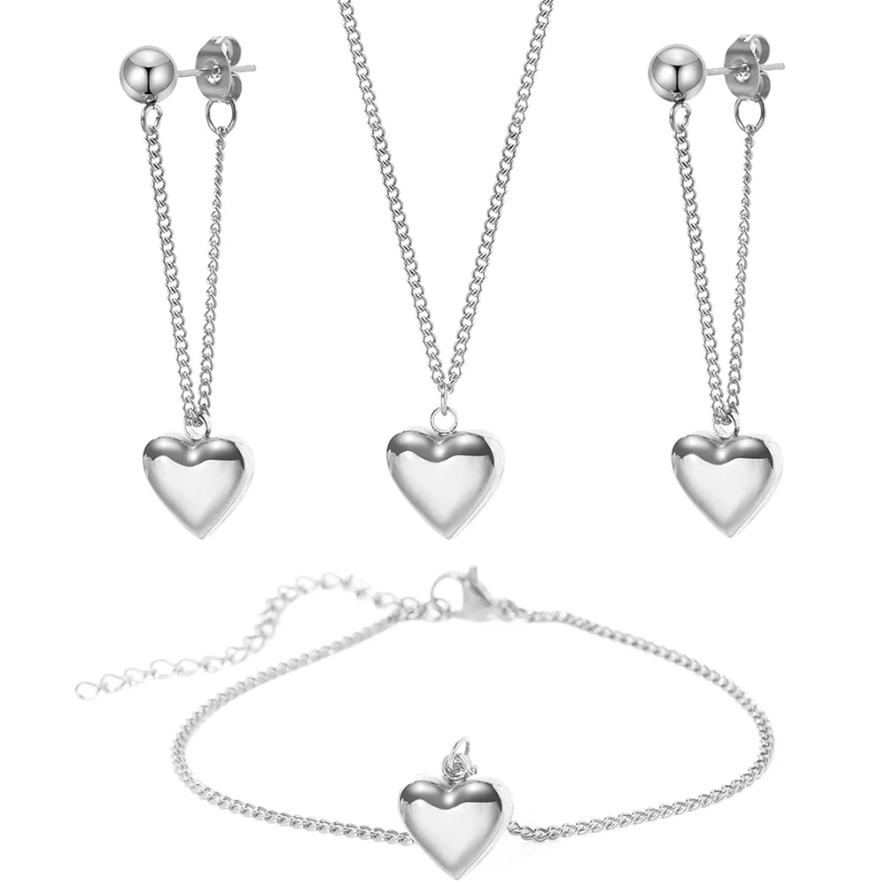 Dainty Heart Chain Necklace. Bracelet. and Earring Set