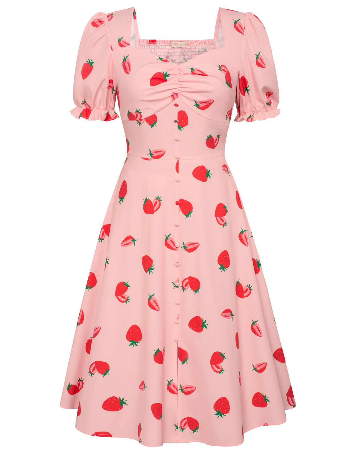 Vintage Strawberry Patterns Front Slit Dress Puffed Short Sleeve Sweetheart Neck Dress