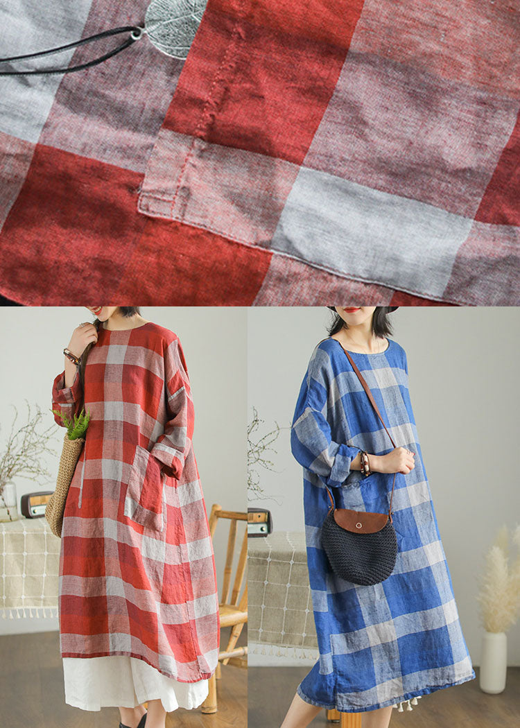 Red O-Neck Pockets Linen Fall Robe Dresses