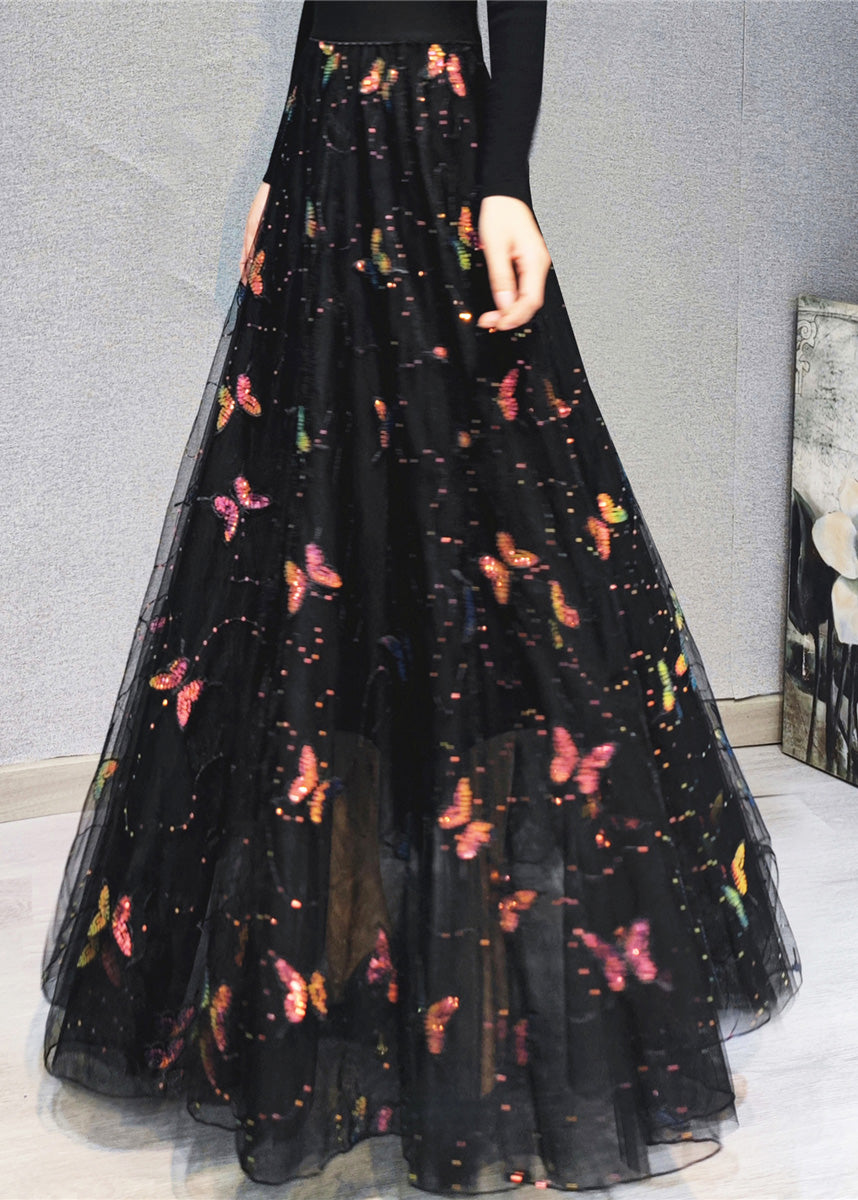 Embroidered Floral High Waist Sequins Tulle Maxi Skirts Spring