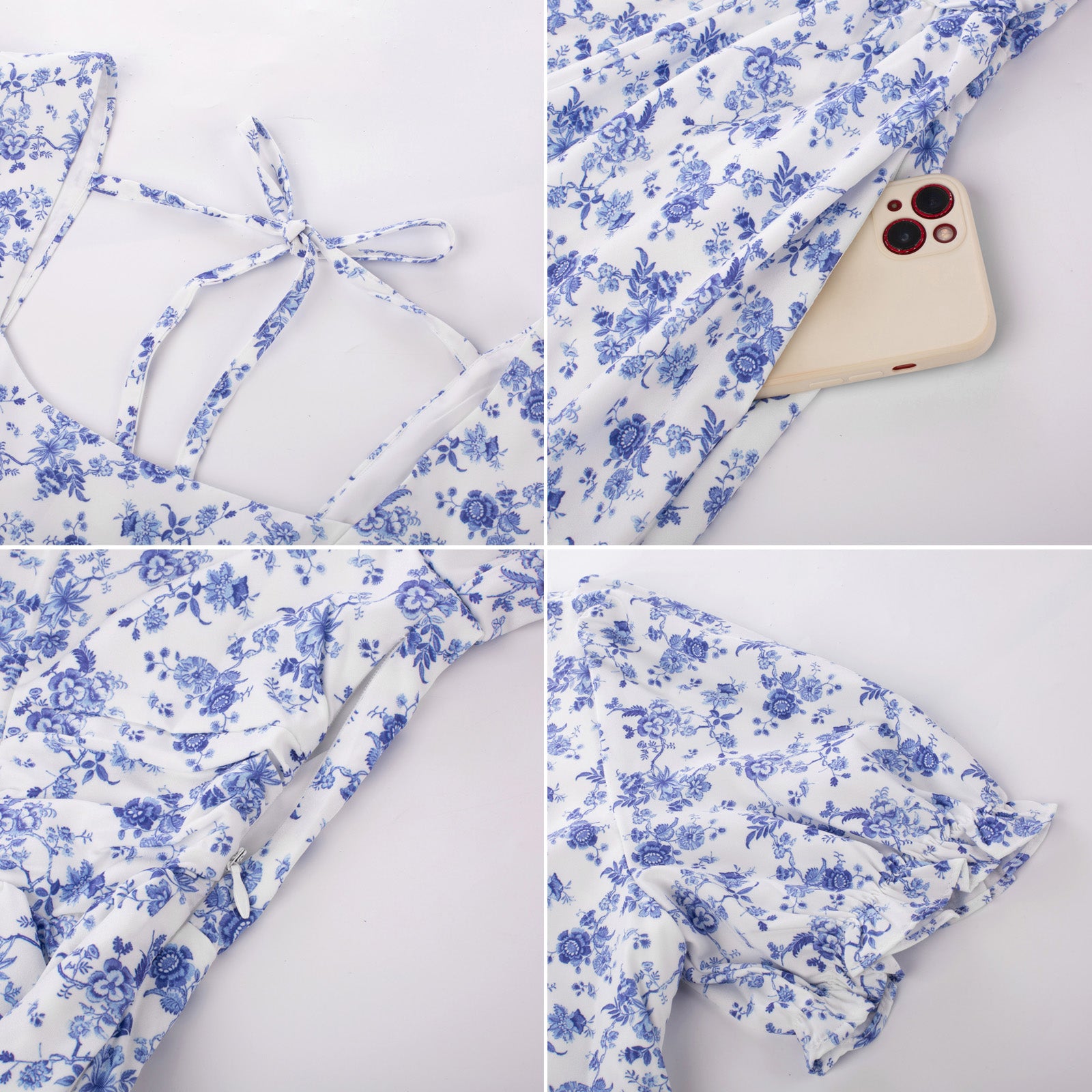 Vintage Daisy Flower Print Cottagecore Cocktail Dresses Square Neck Puff Sleeve Dress with Pockets