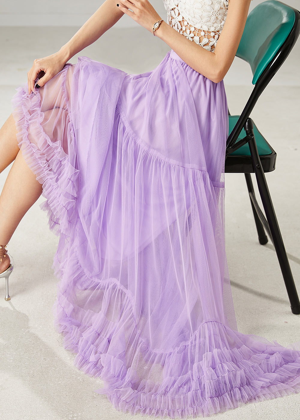Women Purple Ruffled Tulle A Line Skirt Summer