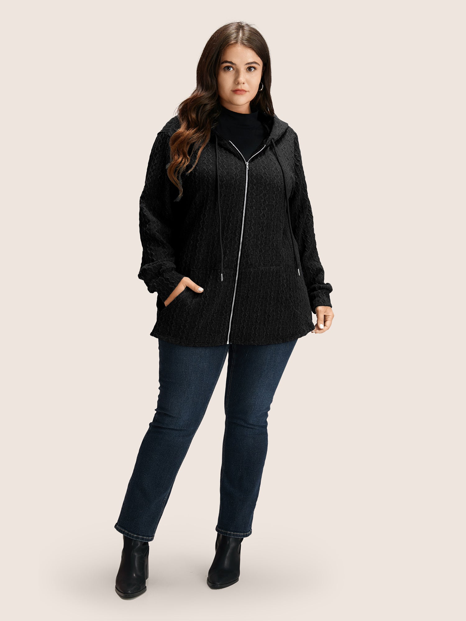 Plain Textured Zipper Hooded Sweatshirt