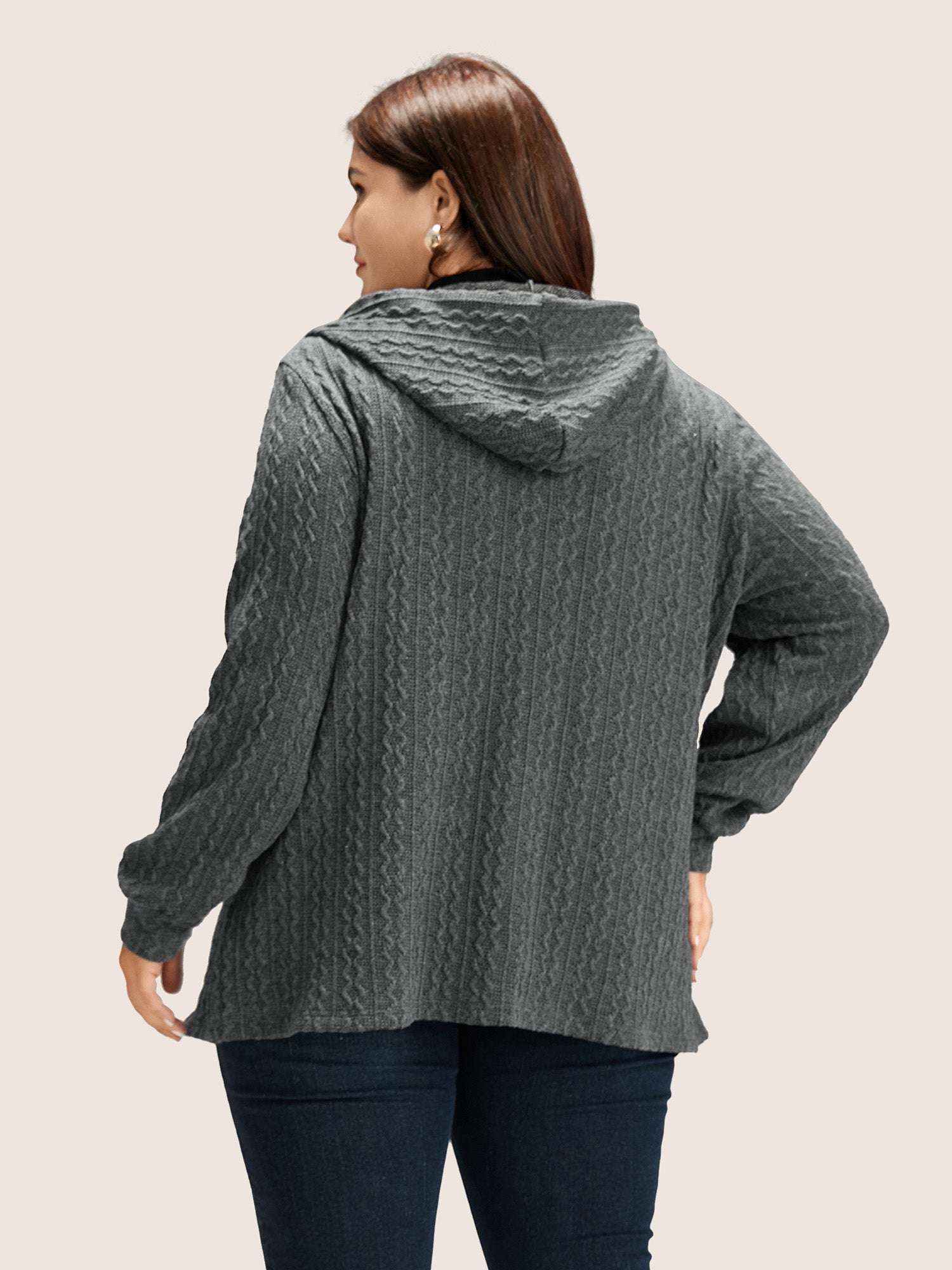 Plain Textured Zipper Hooded Sweatshirt