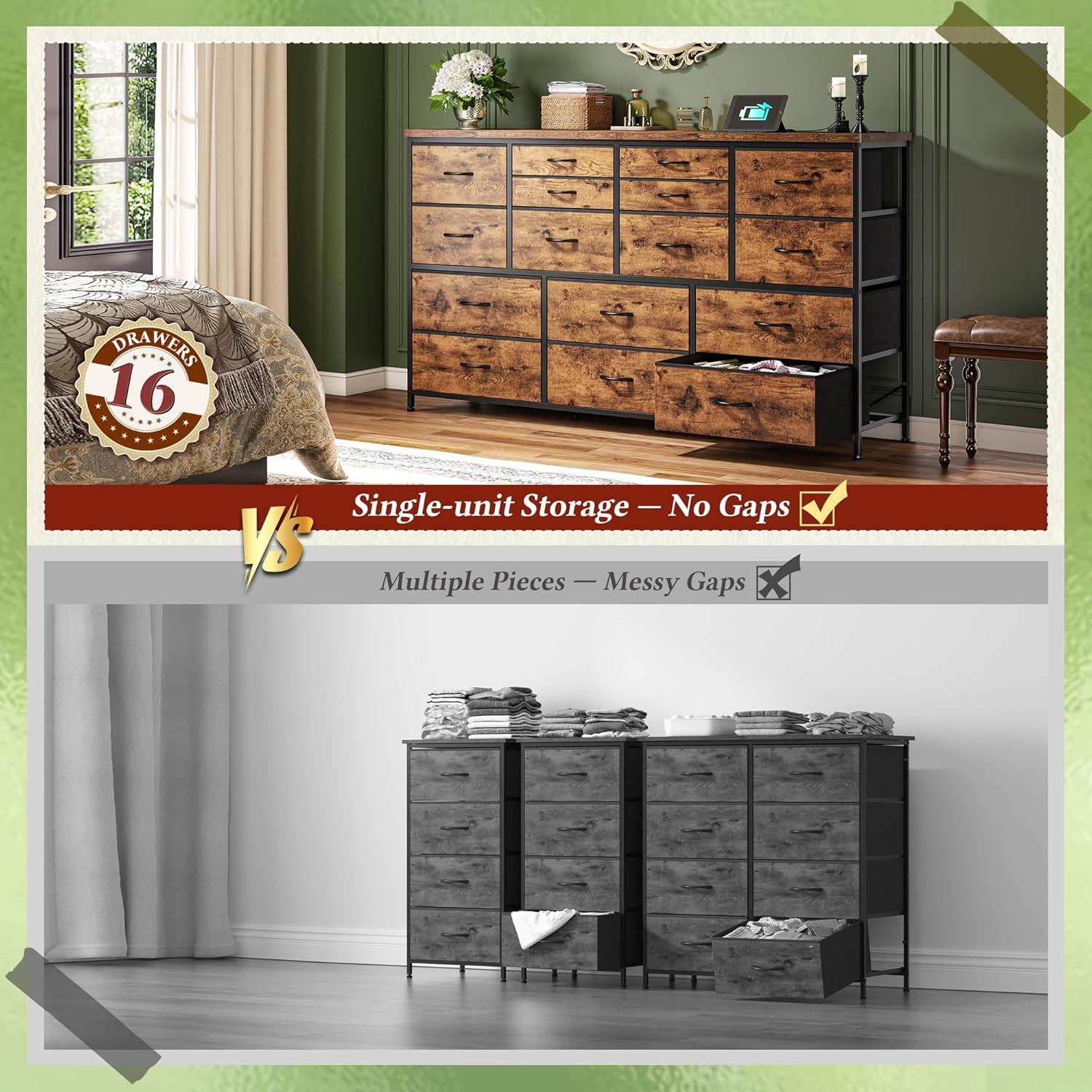 Dresser for Bedroom with 16 Fabric Drawers Long Dresser with Charging Station TV Stand for 60