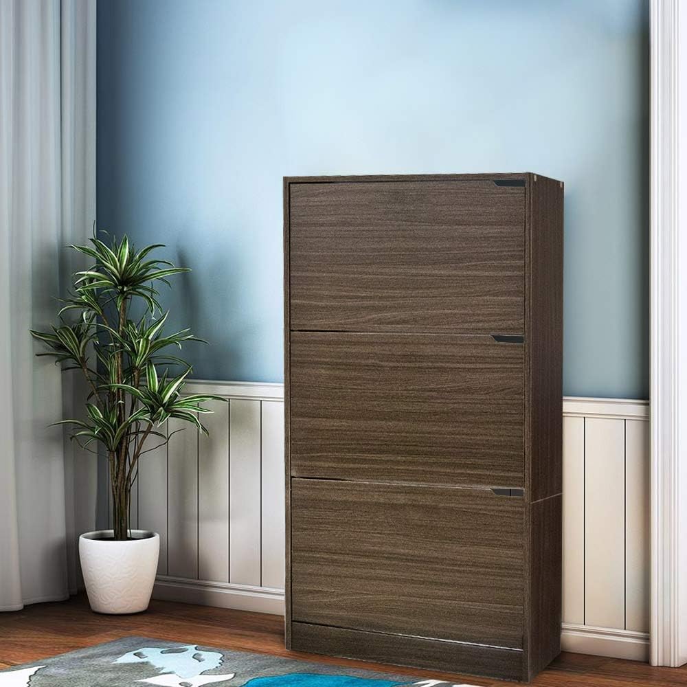 Wood Shoe Cabinet with 3 Doors, Shoe Cabinets, Retractable Handles, Double Depth, 63 x 24 x 115 cm