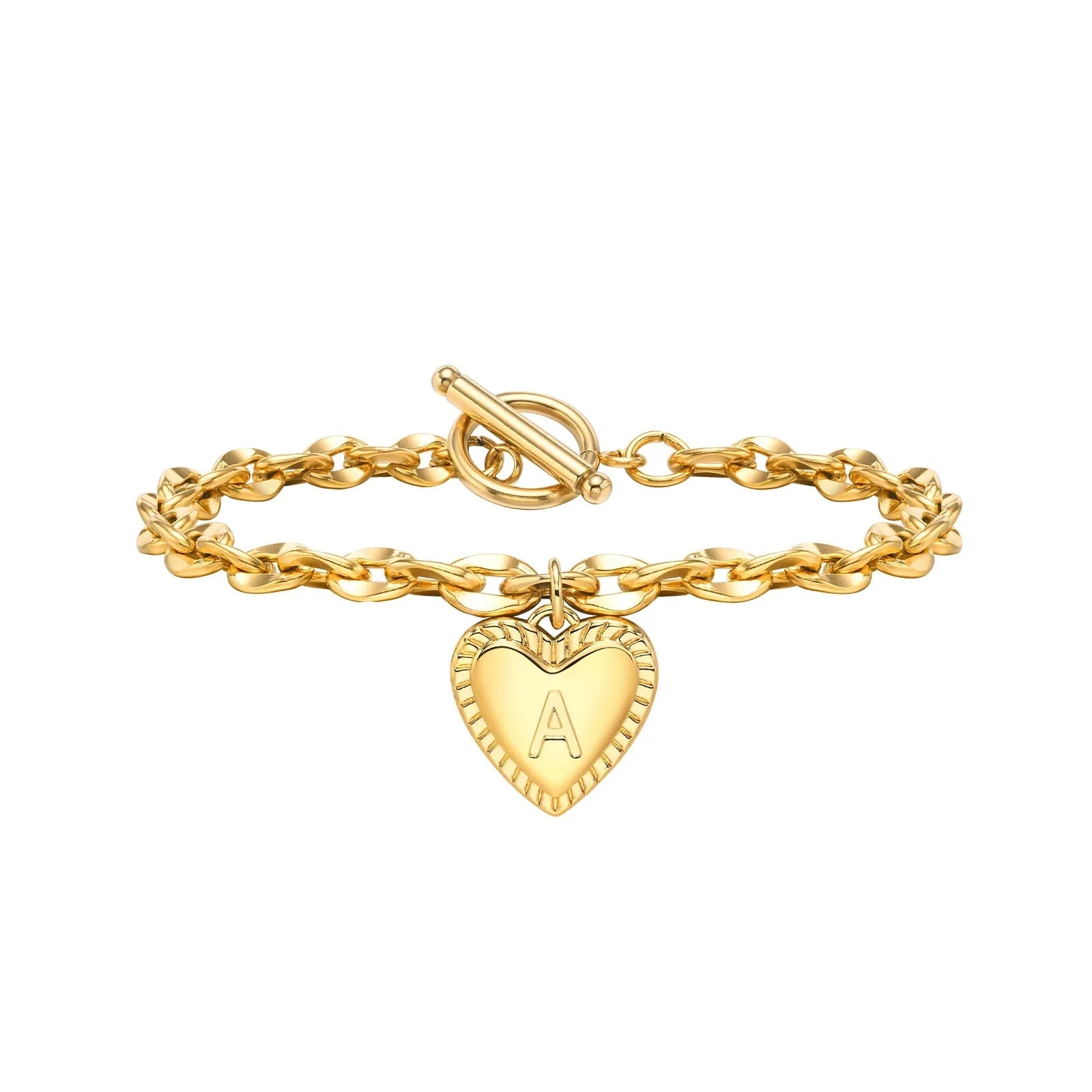 14k Dainty Heart Engraved Letter Initial Bracelet