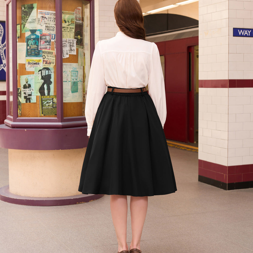 Swing Skirt with Belt Elastic High Waist Buttons Decorated Skirt