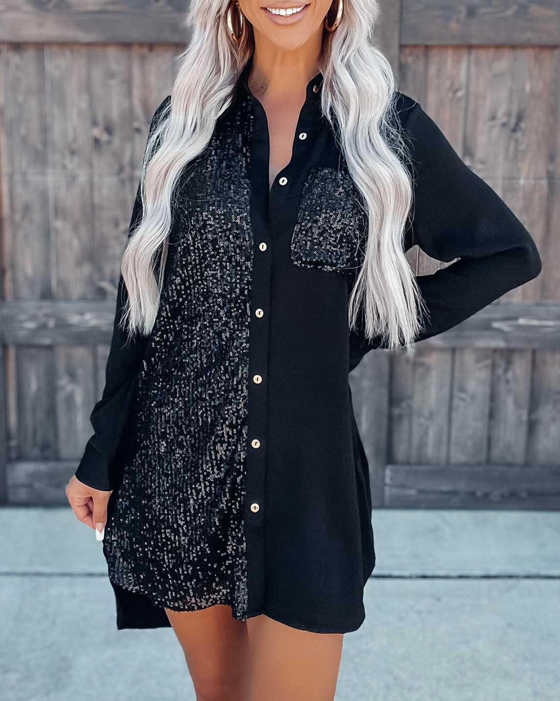 Satin Sequin Button Down Shirt Dress