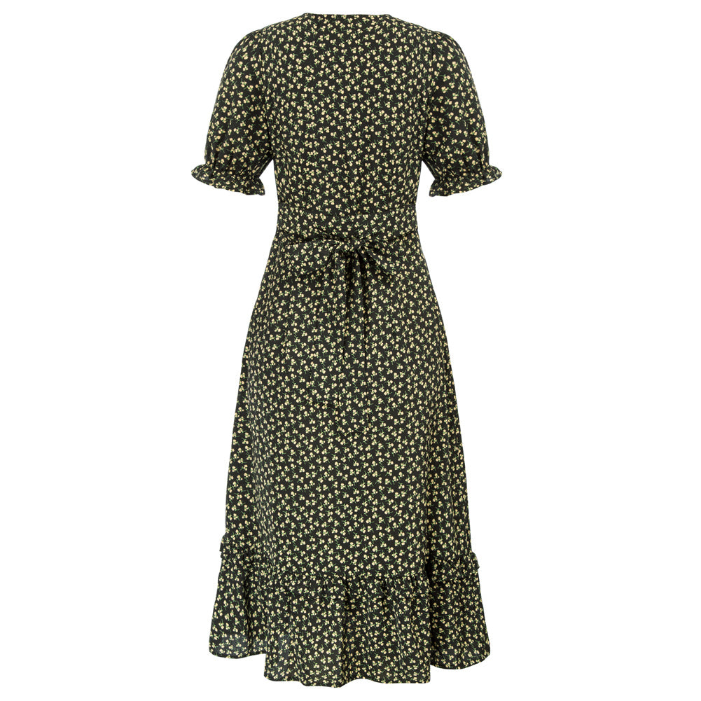 Vintage Floral Dress Short Sleeve V-Neck Front Slit A-Line Dress