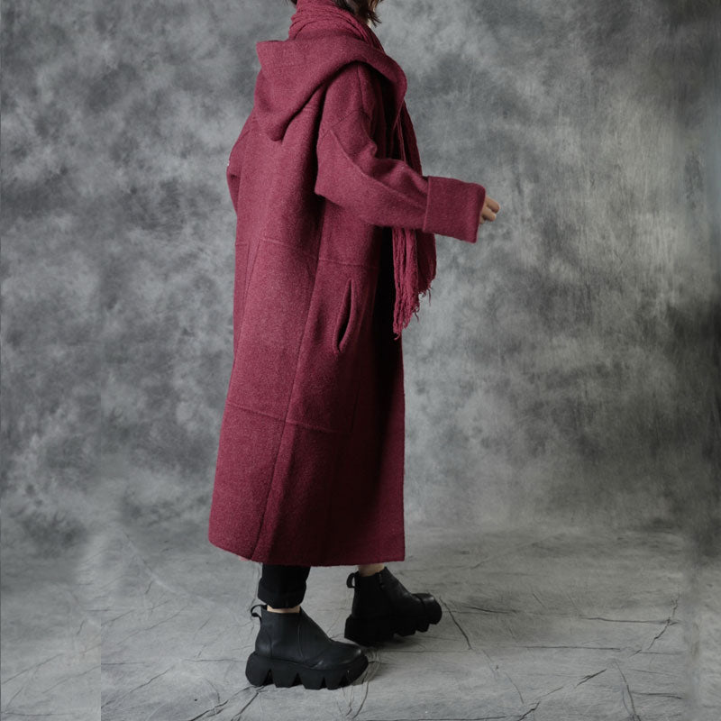 Plus Size Mulberry Loose Pockets Fall Hooded  Long Sleeve Sweaters Coat
