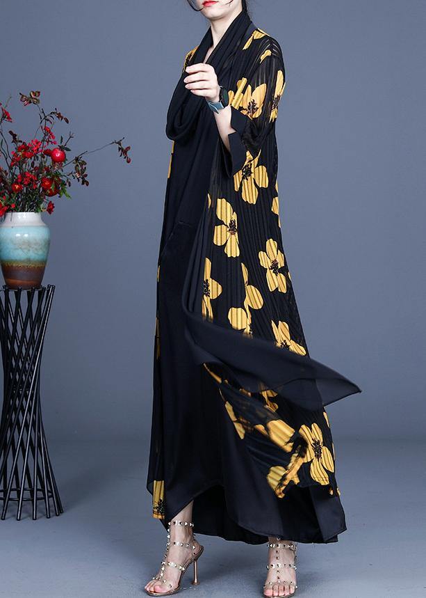 DIY Yellow Floral Summer Three Quarter sleeve Silk Long Loose Jacket