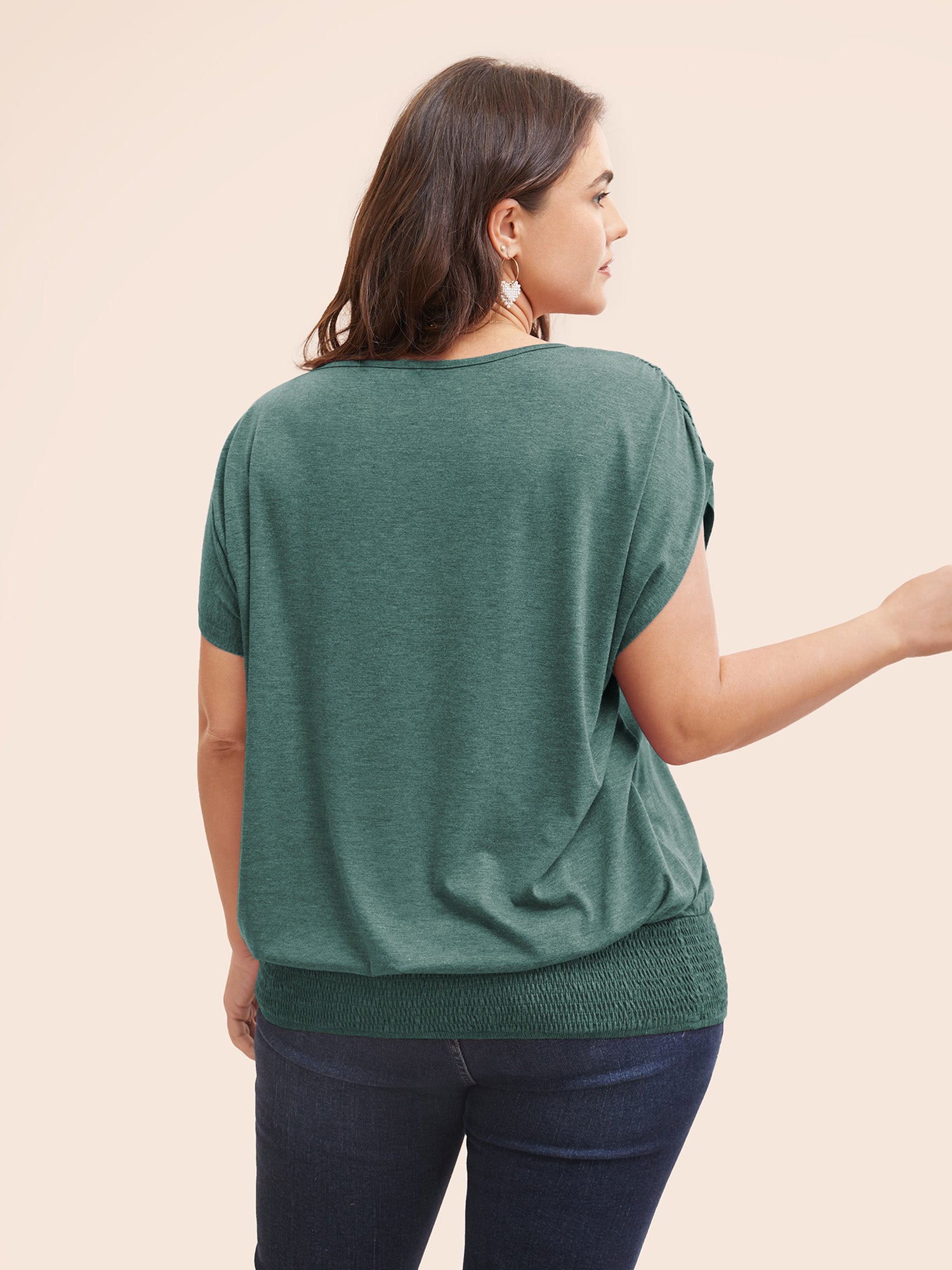 Solid Ruched Batwing Sleeve Shirred Hem T-shirt