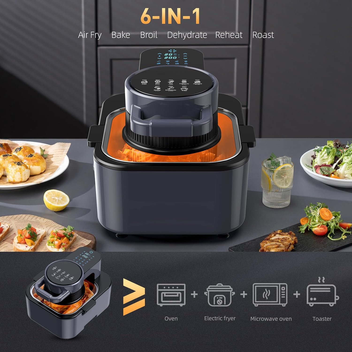 8QT 6-In-1 Easy View Non Toxic Air Fryer, Non-drawer, Precise Temp & Timer Control, Pre-Set Timer, Auto Shutoff, Roast, Bake, Reheat & Dehydrate