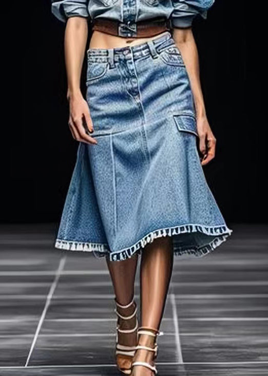 Blue Pockets High Waist Patchwork  Skirt Summer