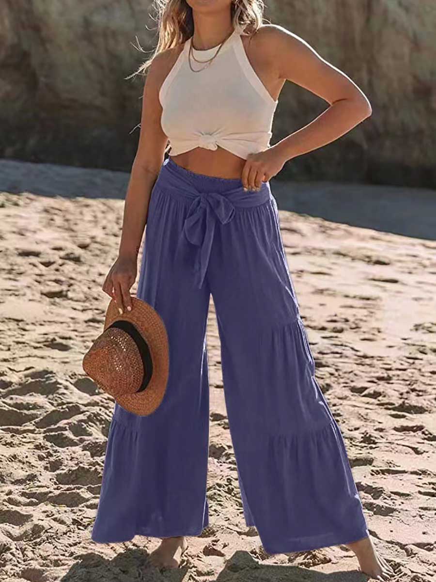 Strappy high-waisted pleated wide-leg pants