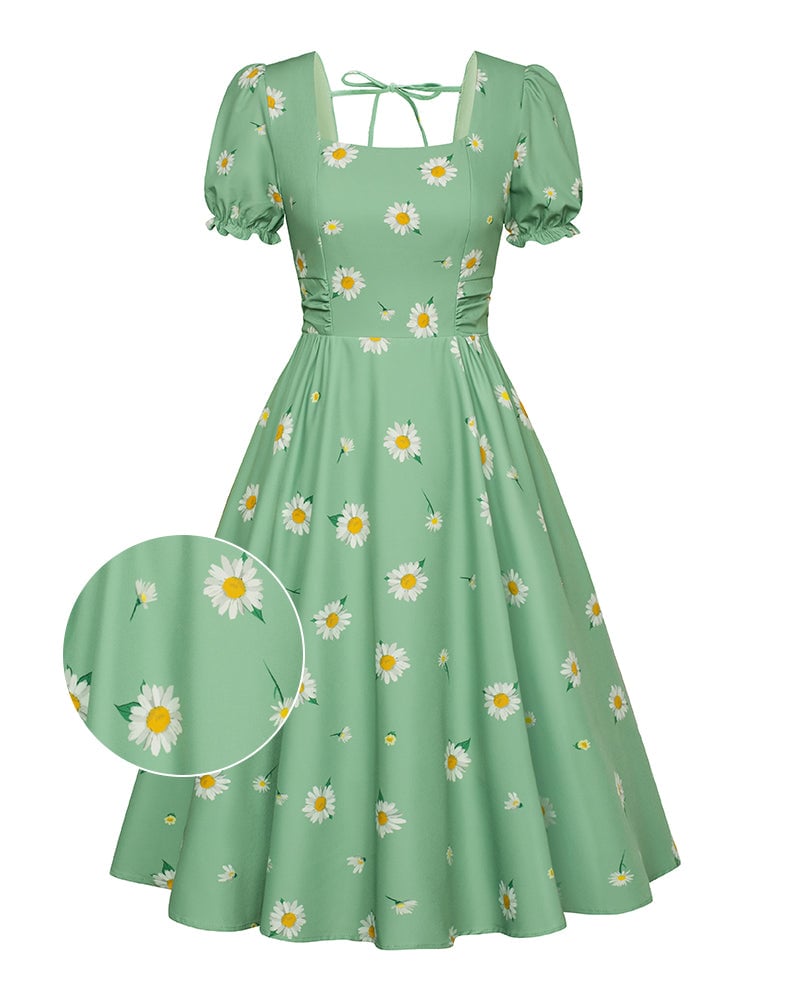 Vintage Floral Patterns Cottagecore Cocktail Dresses Square Neck Puff Sleeve Dress with Pockets