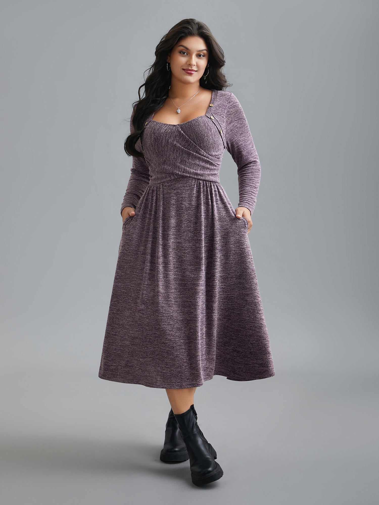 Heart Neckline Button Detailing Crossover Fit Dress