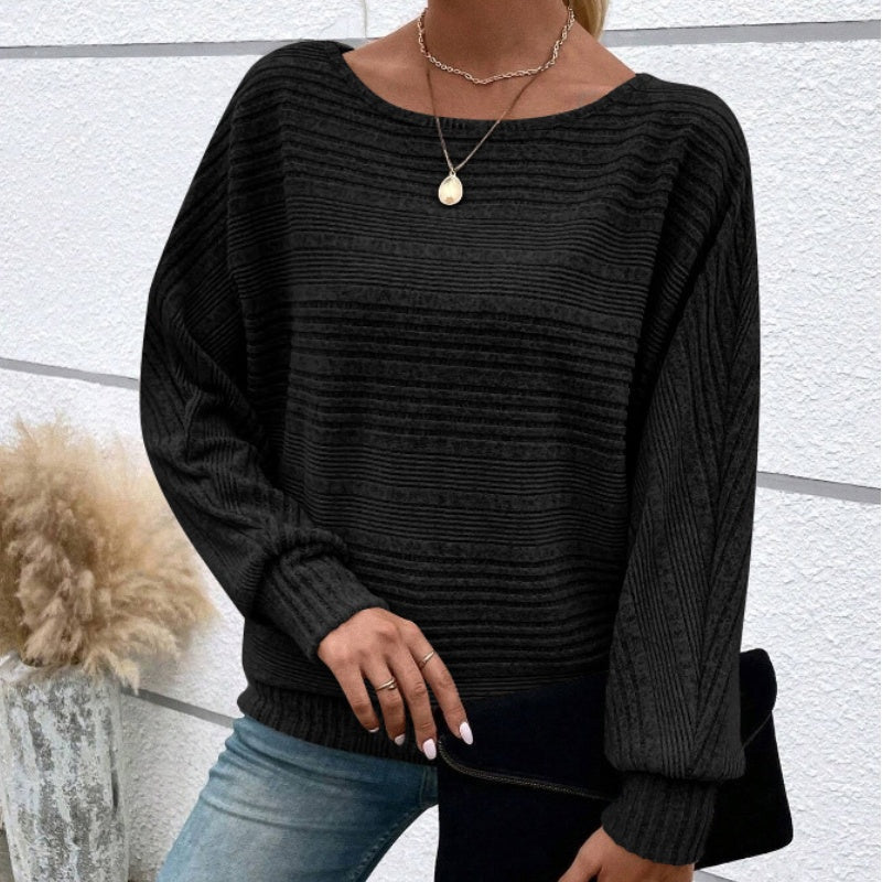 💜Solid Round-Neck Striped Top with Long Sleeves