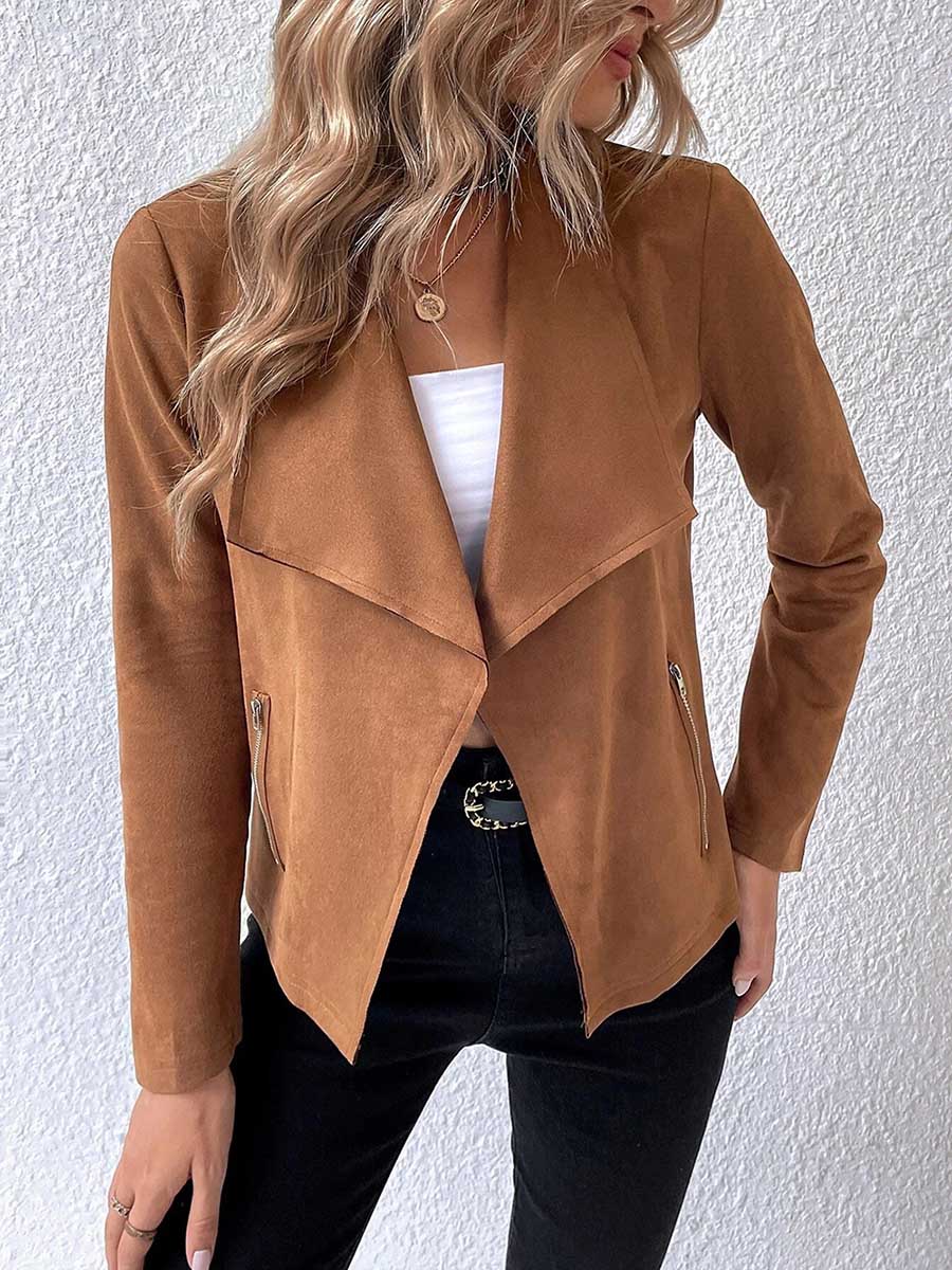 Leather Velvet Lapel Long Sleeve Zipper Jacket