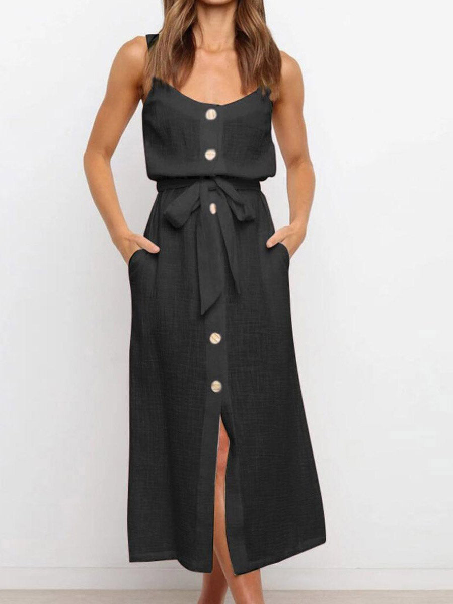 Button Slit Belt Dress