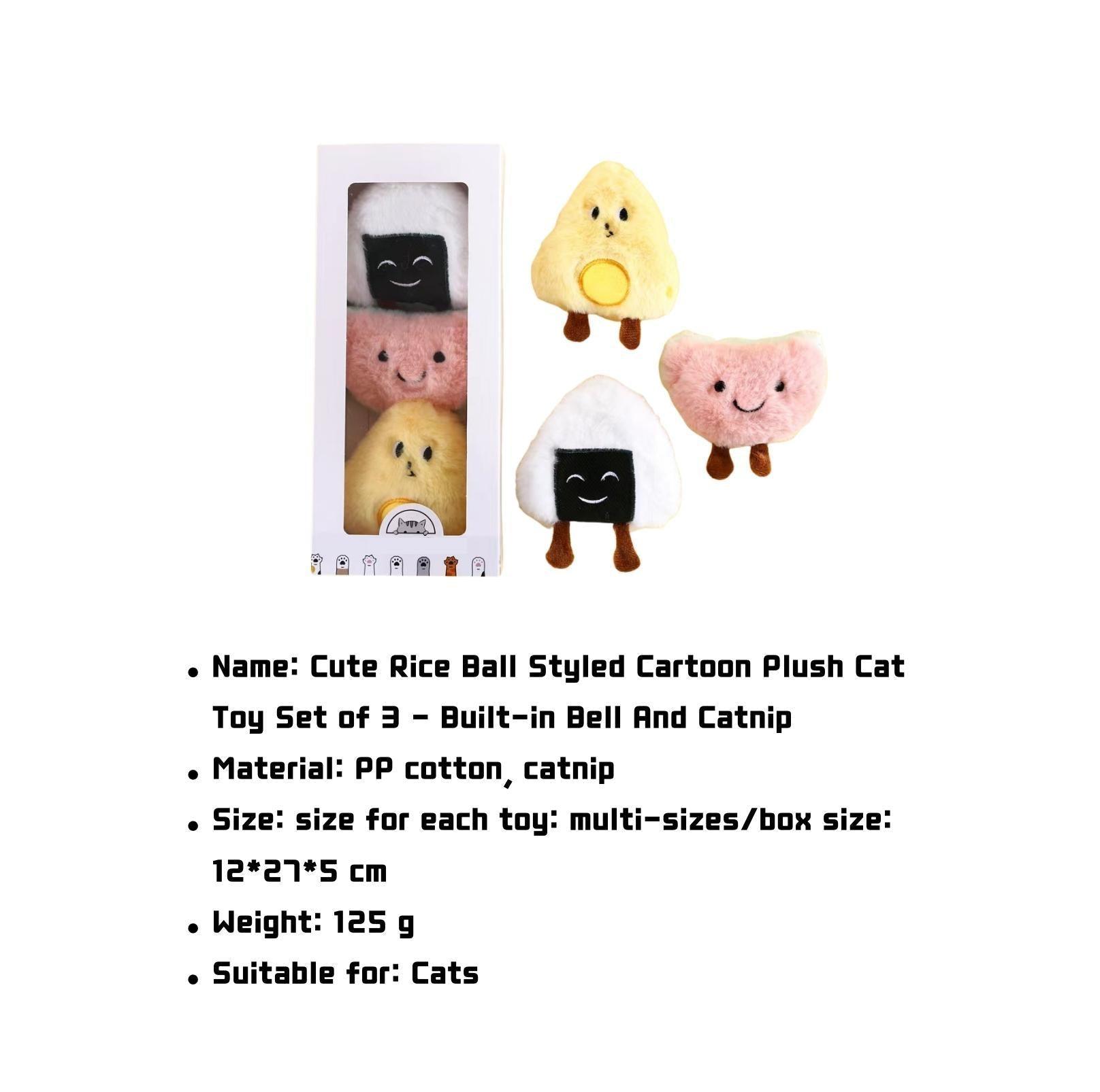 Adorable Rice Ball-Style Plush Cat Toy Set of 3 with Bells and Catnip