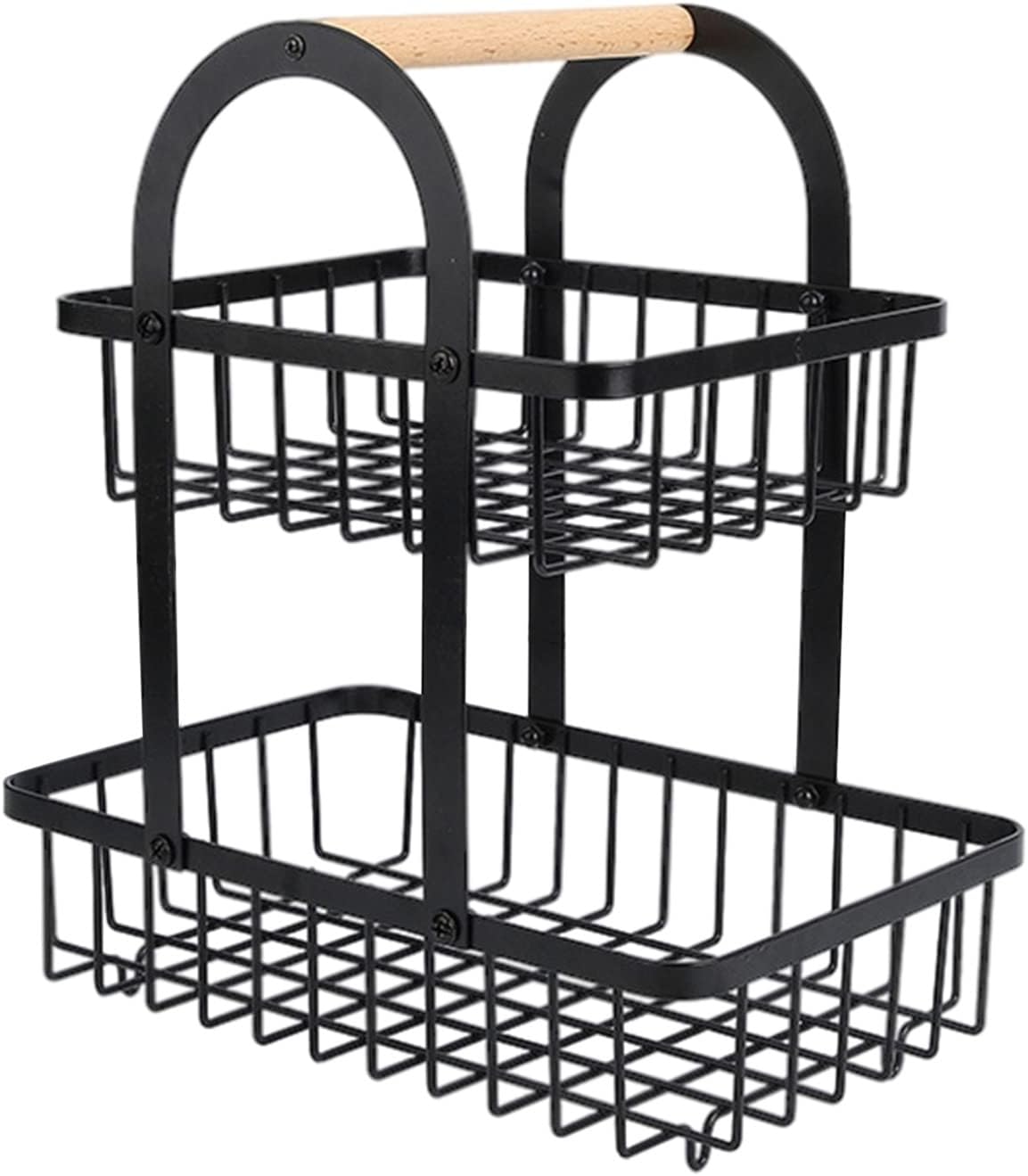 Fruit Storage Basket 2-Tier Kitchen Countertop Storage Rack With Wooden Handle (Black)
