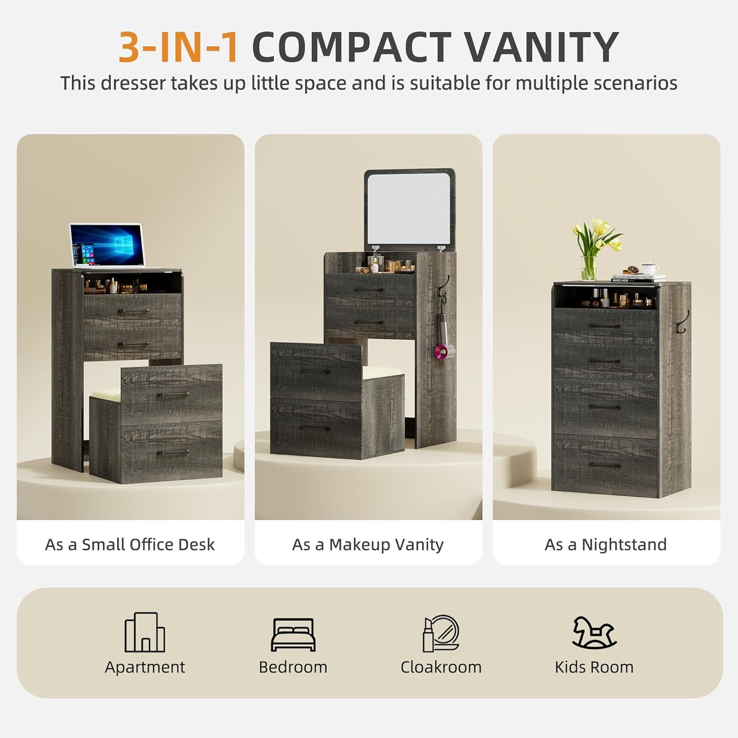 3 in 1 Vanity Desk with Flip Top Mirror for Bedroom