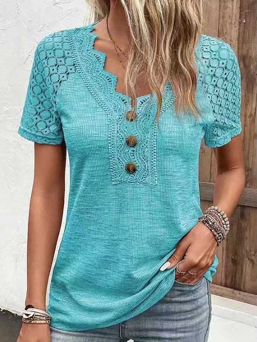 Comfortable Casual Lace Splicing V-Neck Pullover Top Women's T-Shirt